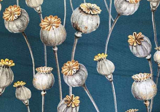 Fabric POPPY SEED HEADS ON TEAL