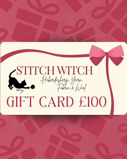 Stitchwitch gift card on a red background with gift box and bow patterns £100
