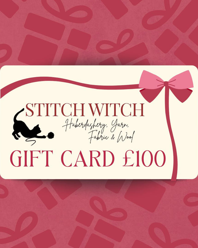 Stitchwitch gift card on a red background with gift box and bow patterns £100