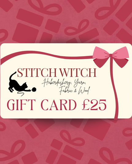 Stitch Witch gift card on a red background with gift box and bow patterns £25
