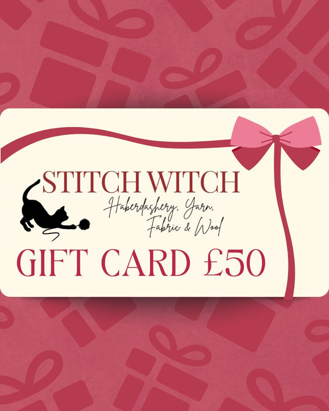 Stitchwitch gift card on a red background with gift box and bow patterns £50